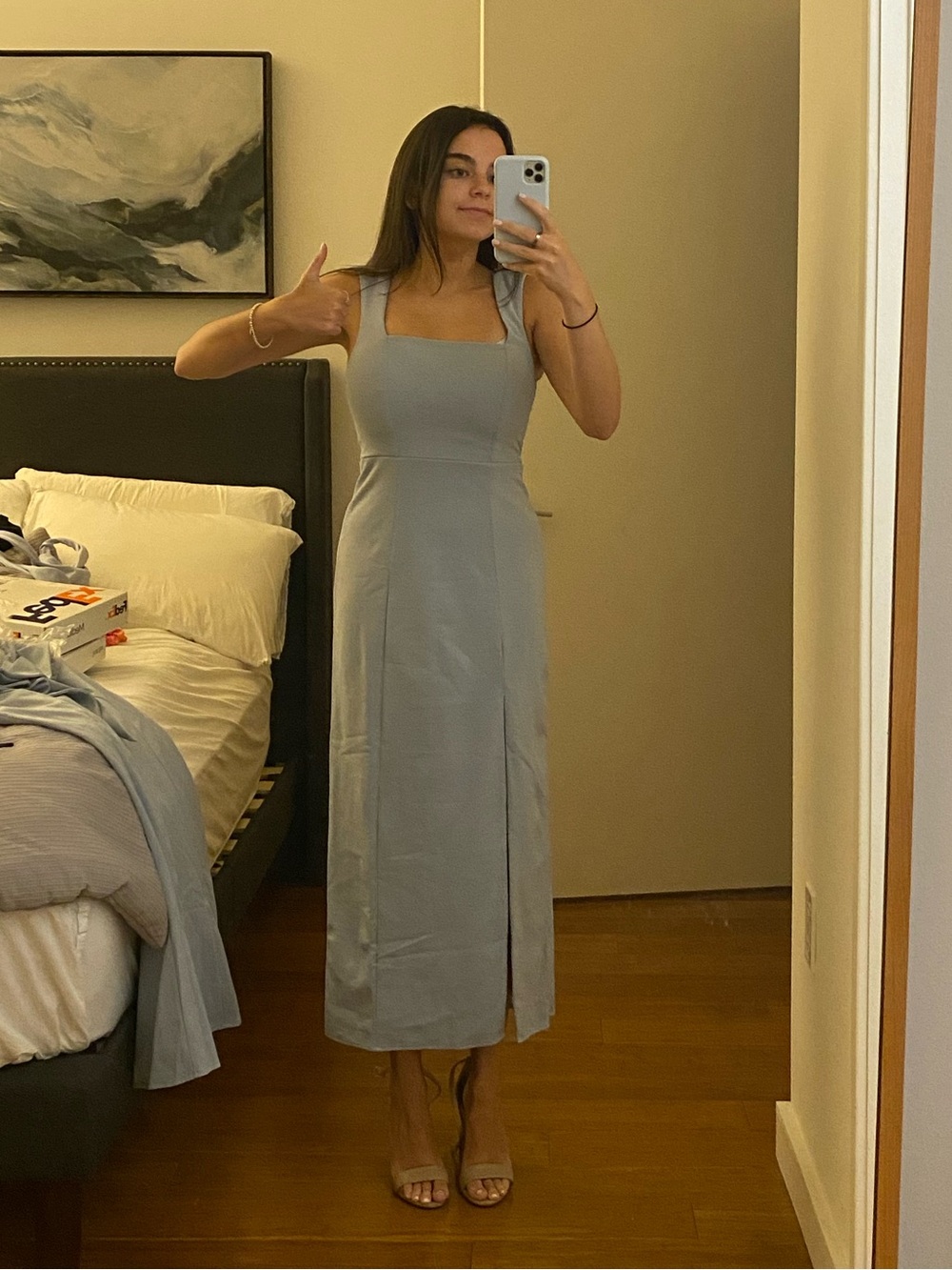 Show Me Your MuMu Powder Blue Square Neck Midi Dress with Front Slit